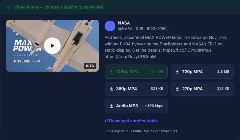 TwGrab result card on desktop: video thumbnail, post text and download buttons for every quality
