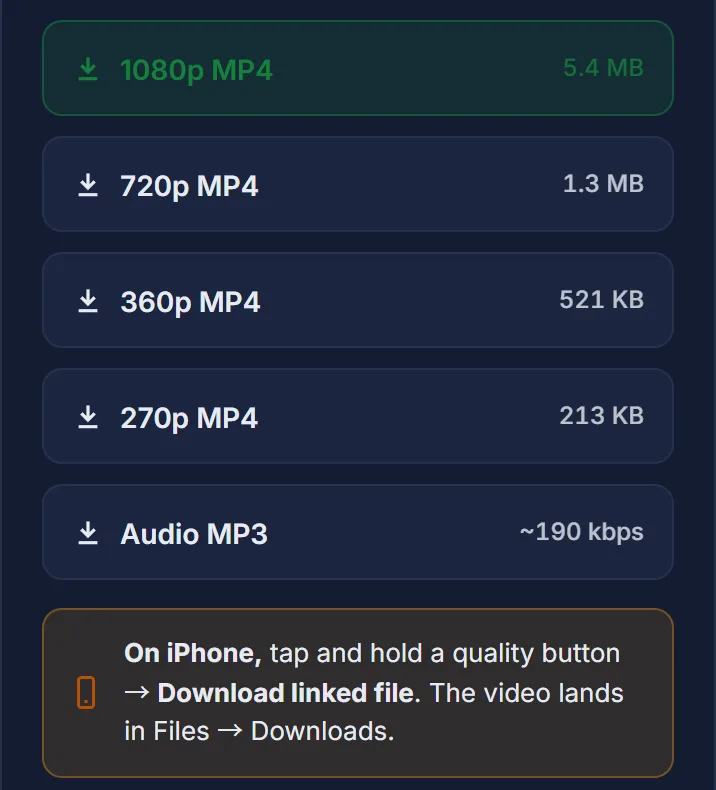 TwGrab on a phone: quality buttons from 1080p to MP3 with file sizes, and the tip to tap and hold on iPhone